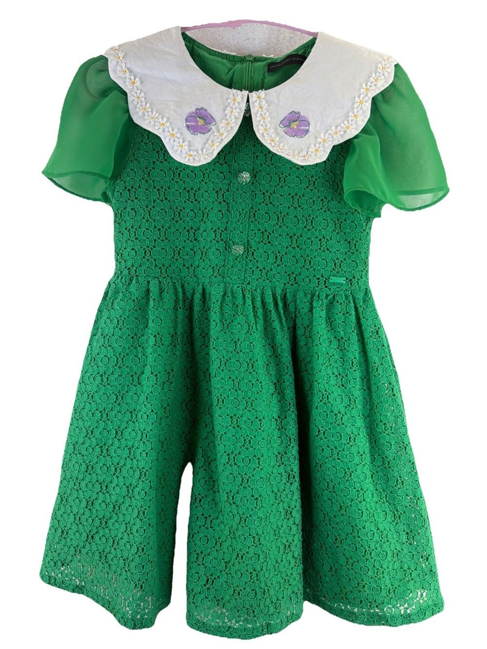 VTG Benetton Eyelet Dress 6-7 Embroidered Peter Pan Collar Floral Green Lace
